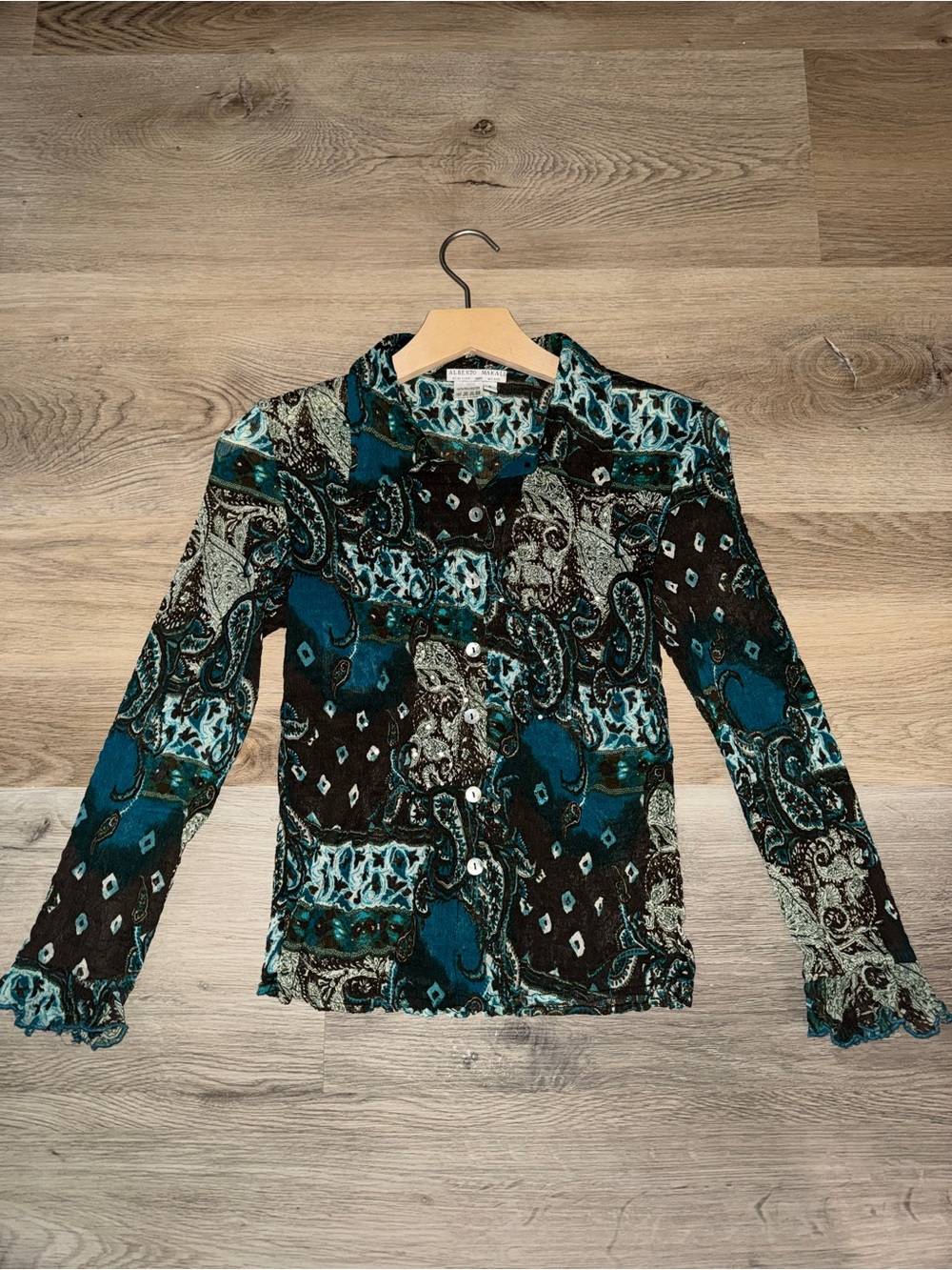 Alberto Makali Teal and Brown Paisley Button-Down Top